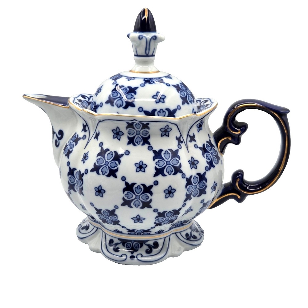 Bombay Summerhill Teapot Large Heavy Cobalt Blue & White Porcelain Gold Trim